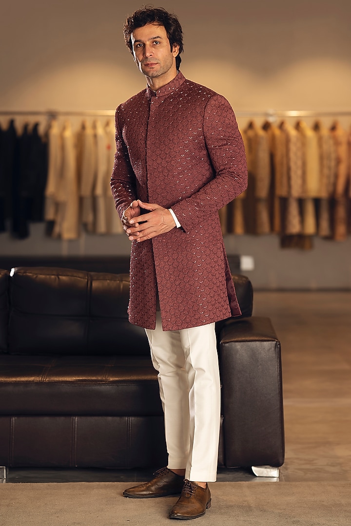 Maroon Georgette Groom Sherwani Set by Line by Shamim Khan at Pernia's Pop Up Shop