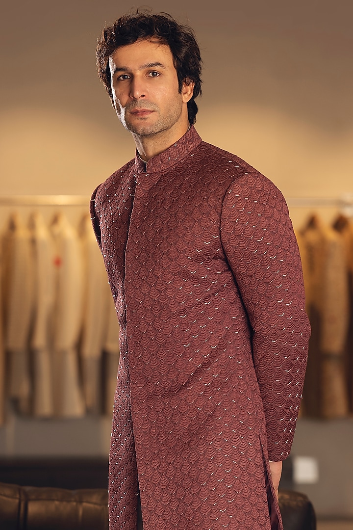Maroon Georgette Groom Sherwani Set by Line by Shamim Khan at Pernia's Pop Up Shop