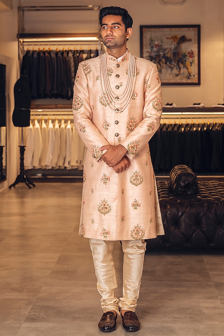Peach Raw Silk Hand Embroidered Groom Sherwani Set by Line by Shamim Khan at Pernia's Pop Up Shop