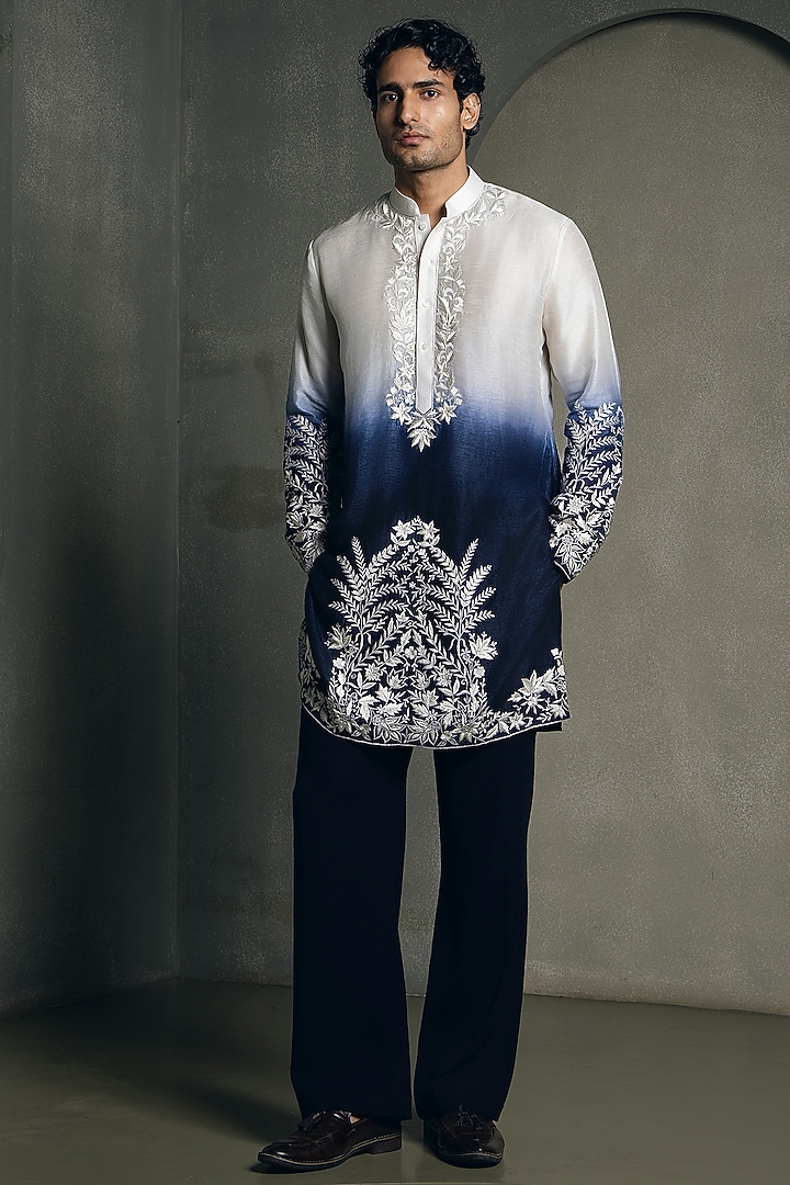 Deep Navy Blue Ombre Dola Silk Thread Embroidered Kurta Set by Line by Shamim Khan at Pernia's Pop Up Shop
