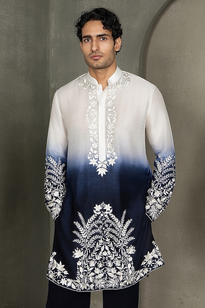 Deep Navy Blue Ombre Dola Silk Thread Embroidered Kurta Set by Line by Shamim Khan at Pernia's Pop Up Shop