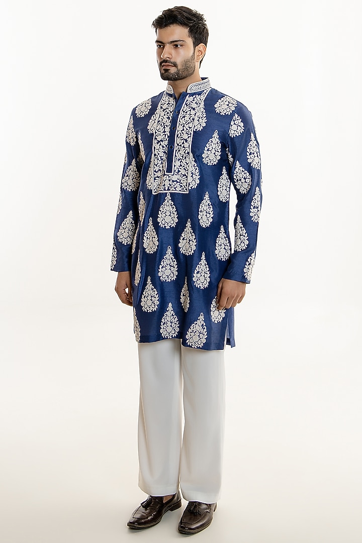 Royal Blue Dola Silk Thread Embroidered Kurta Set by Line by Shamim Khan at Pernia's Pop Up Shop