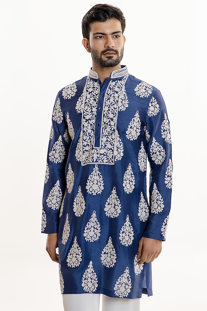 Royal Blue Dola Silk Thread Embroidered Kurta Set by Line by Shamim Khan at Pernia's Pop Up Shop