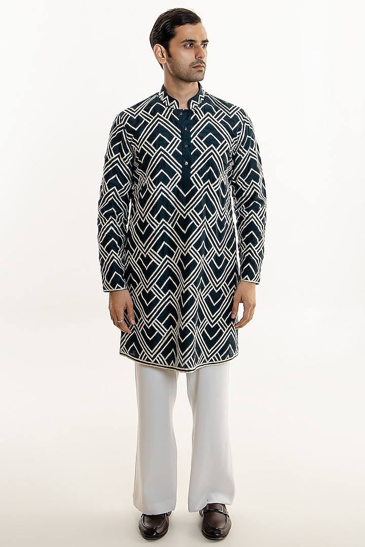 Teal Dola Silk Gota Work Kurta Set by Line by Shamim Khan at Pernia's Pop Up Shop