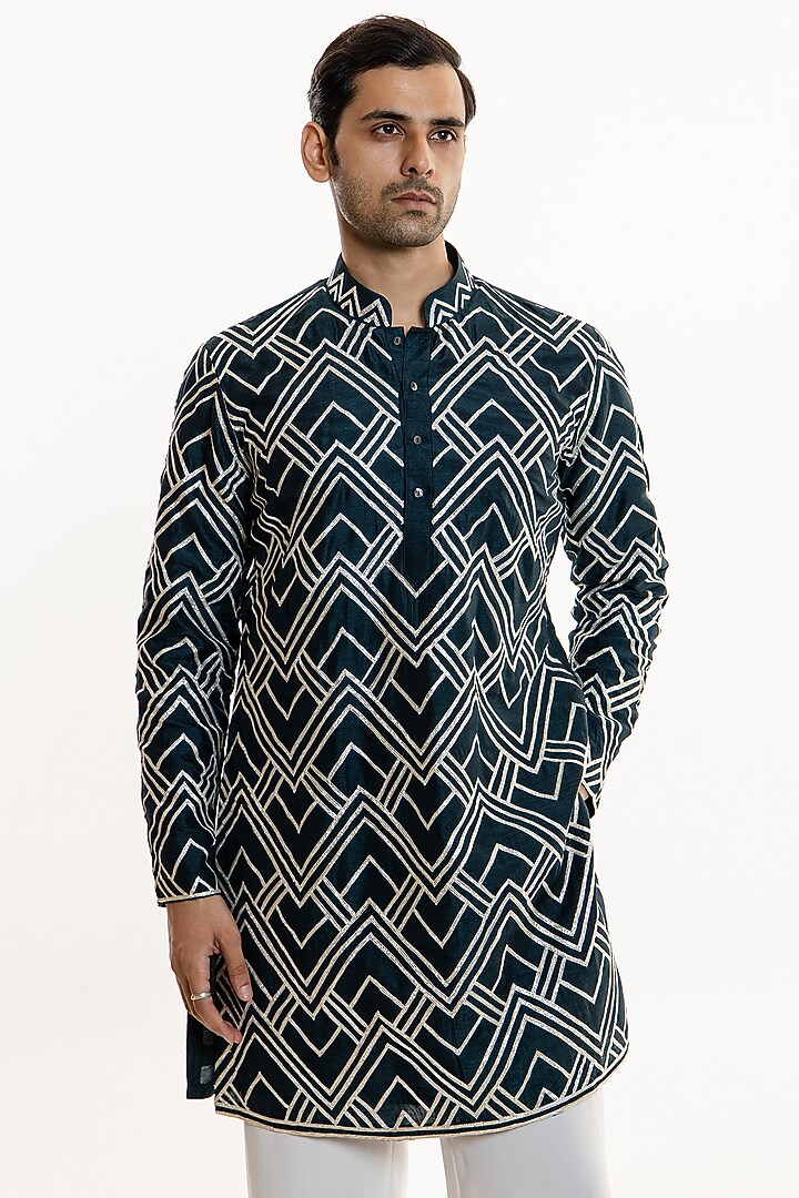 Teal Dola Silk Gota Work Kurta Set by Line by Shamim Khan at Pernia's Pop Up Shop