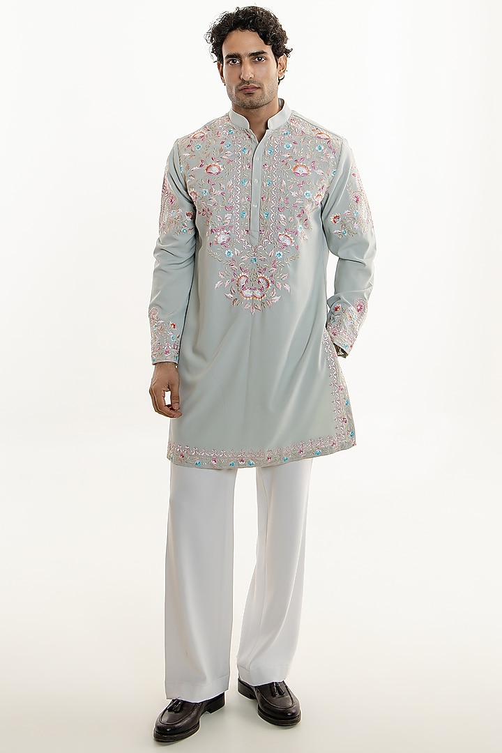 Dusty Mint Green Japanese Fabric Thread Embroidered Kurta Set by Line by Shamim Khan at Pernia's Pop Up Shop