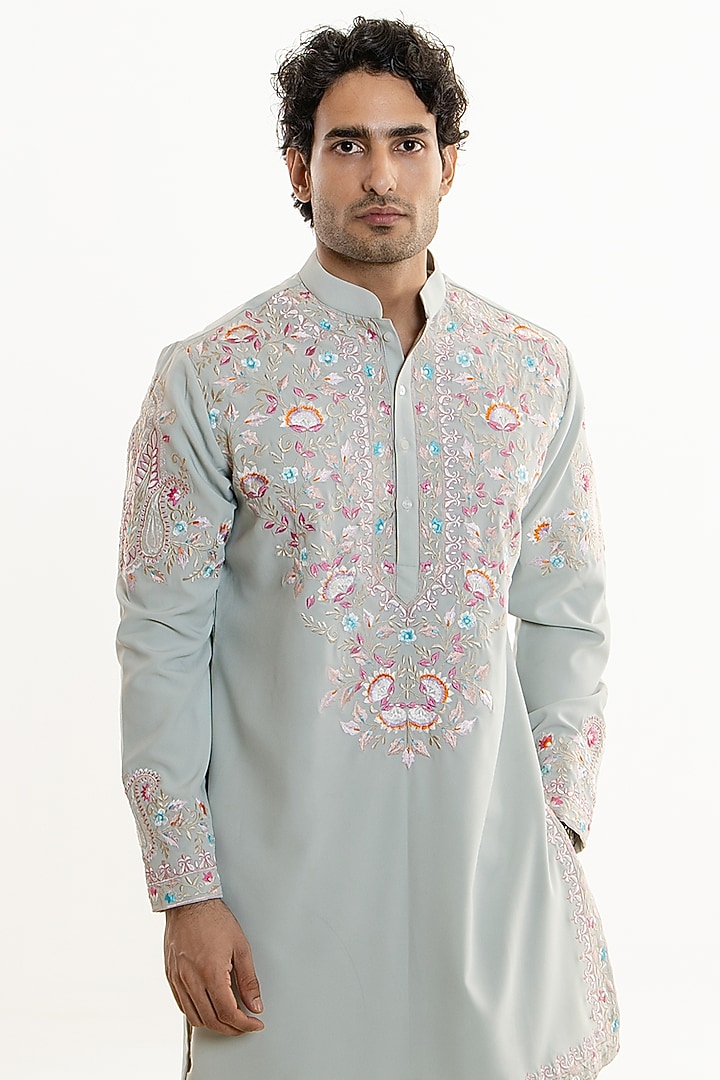 Dusty Mint Green Japanese Fabric Thread Embroidered Kurta Set by Line by Shamim Khan at Pernia's Pop Up Shop