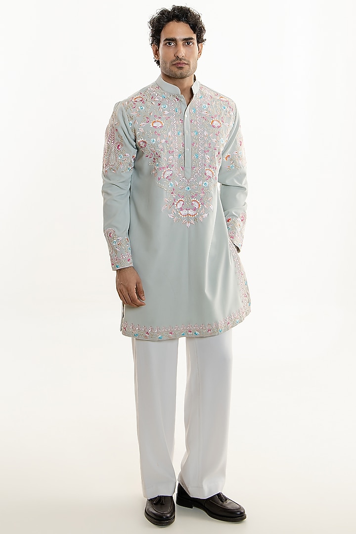 Dusty Mint Green Japanese Fabric Thread Embroidered Kurta Set by Line by Shamim Khan at Pernia's Pop Up Shop