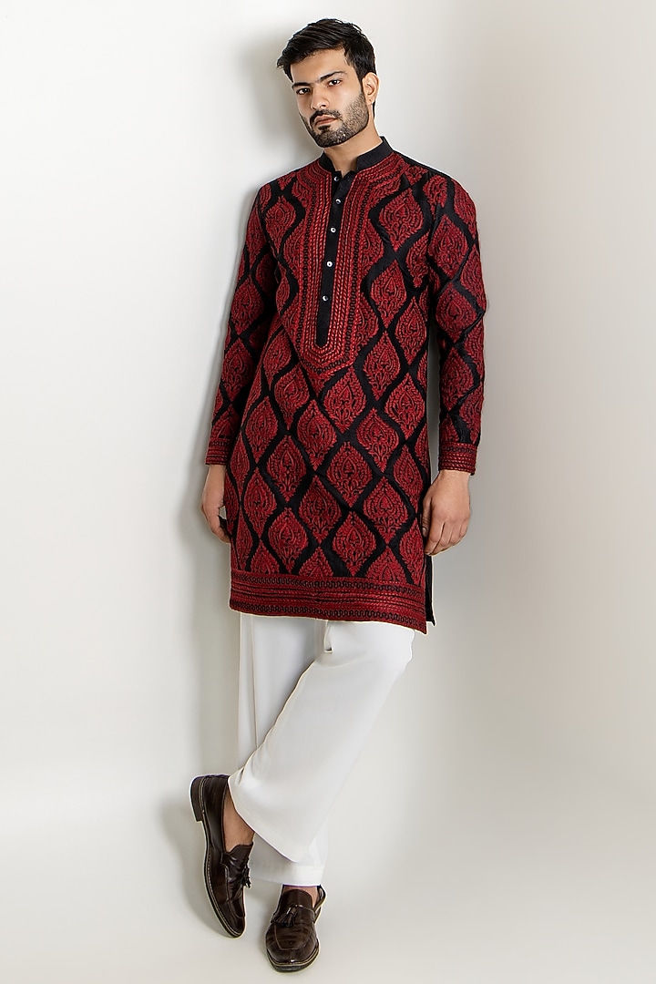 Dark Red & Black Dola Silk Thread Embroidered Kurta Set by Line by Shamim Khan at Pernia's Pop Up Shop