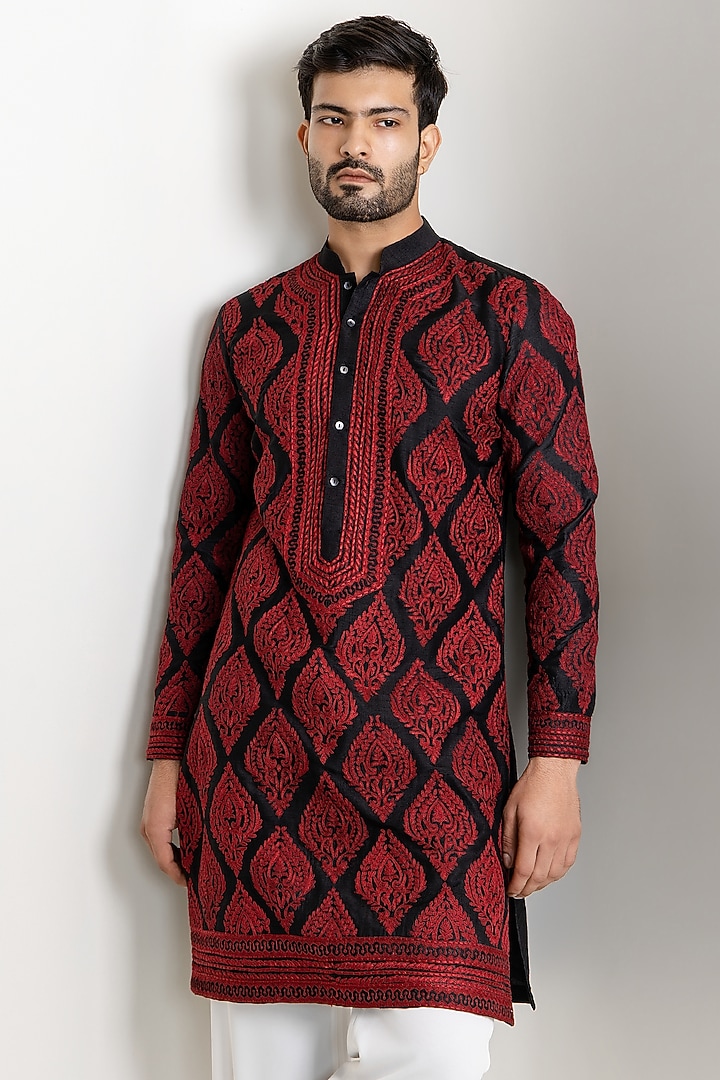 Dark Red & Black Dola Silk Thread Embroidered Kurta Set by Line by Shamim Khan at Pernia's Pop Up Shop