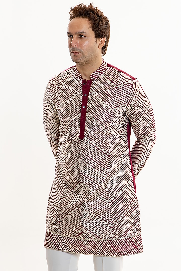 Red Dola Silk Gota Work Kurta Set by Line by Shamim Khan at Pernia's Pop Up Shop