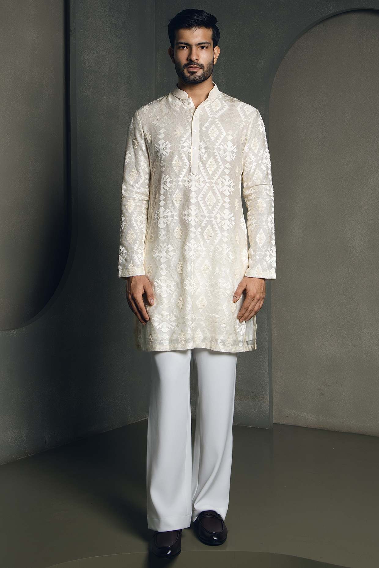 Line by Shamim Khan Ivory Silk Jacquard Beads Embroidered Kurta Set