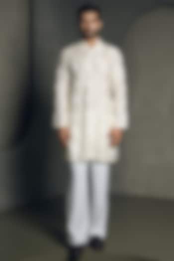 Ivory Silk Jacquard Beads Embroidered Kurta Set by Line by Shamim Khan at Pernia's Pop Up Shop