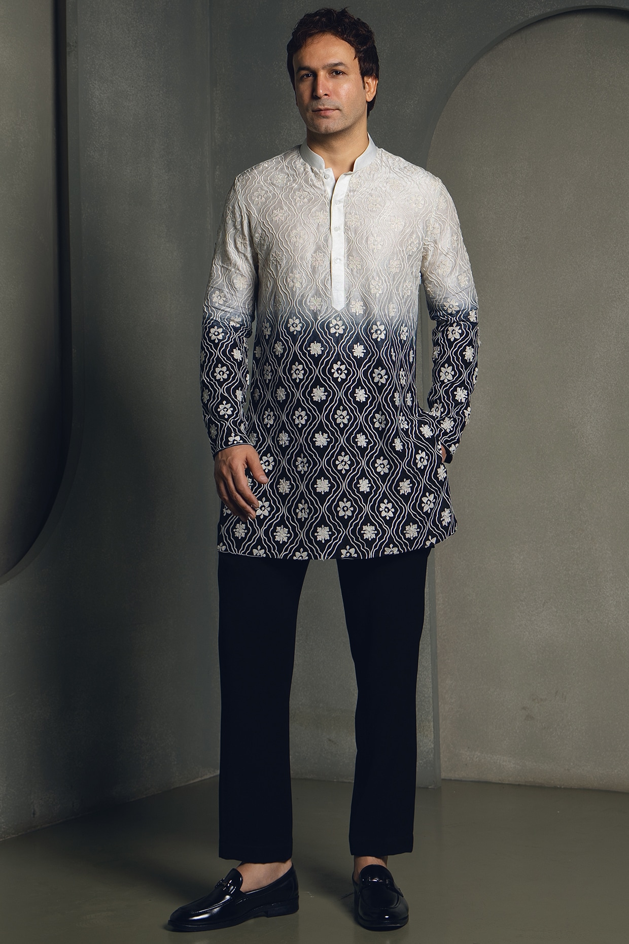 Line by Shamim Khan Black & White Ombre Dola Silk Thread Embroidered Kurta Set