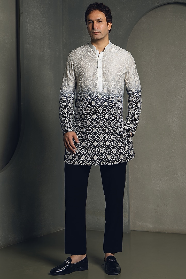 Black & White Ombre Dola Silk Thread Embroidered Kurta Set by Line by Shamim Khan at Pernia's Pop Up Shop