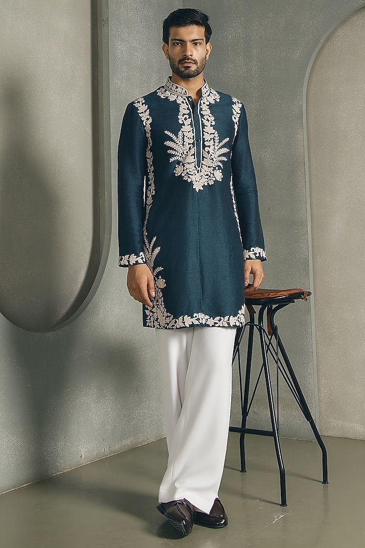 Peacock Blue Dola Silk Thread Embroidered Kurta Set by Line by Shamim Khan at Pernia's Pop Up Shop