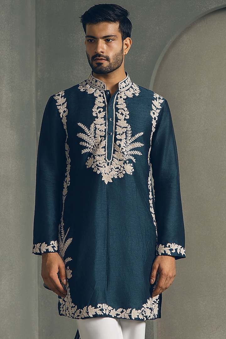 Peacock Blue Dola Silk Thread Embroidered Kurta Set by Line by Shamim Khan at Pernia's Pop Up Shop