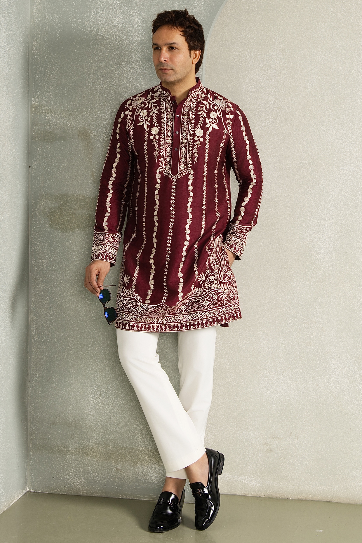 Line by Shamim Khan Wine Red Dola Silk Thread Embroidered Kurta Set