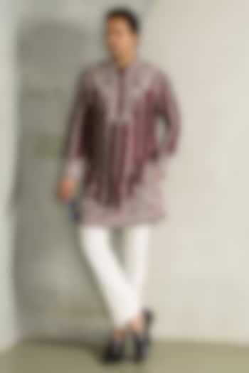 Wine Red Dola Silk Thread Embroidered Kurta Set by Line by Shamim Khan at Pernia's Pop Up Shop