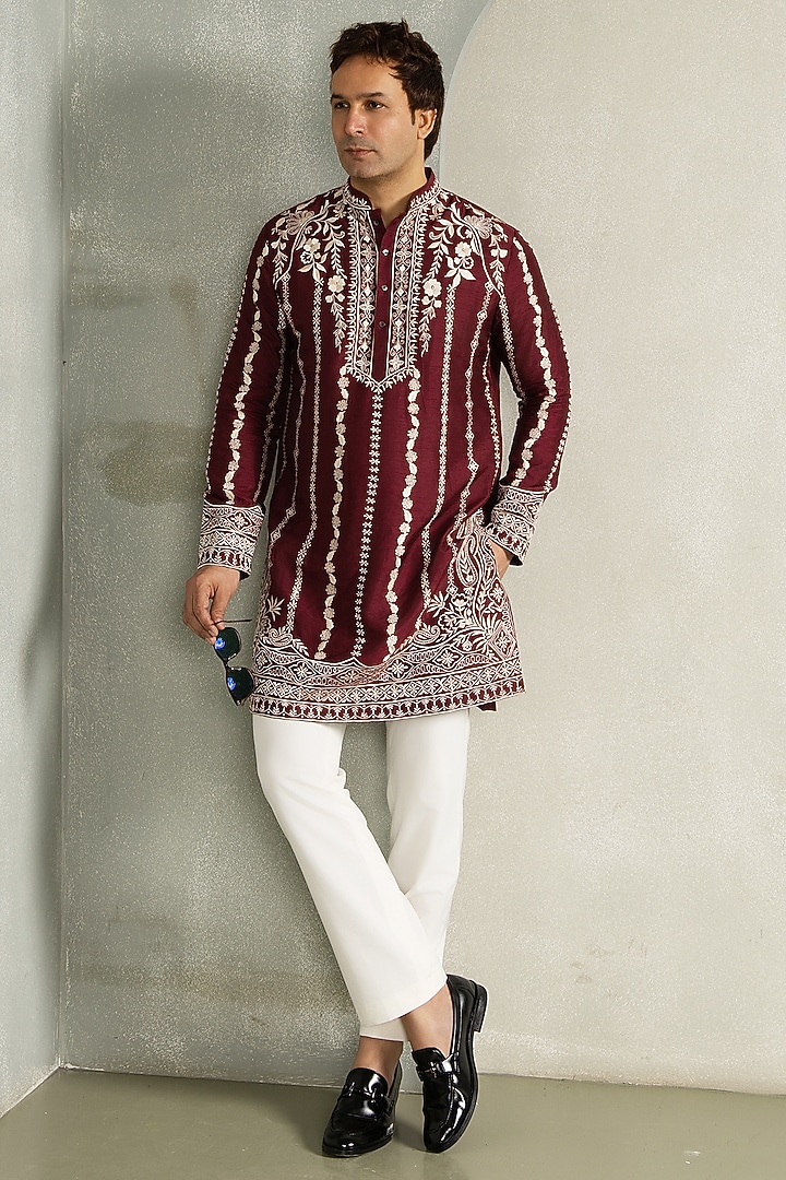 Wine Red Dola Silk Thread Embroidered Kurta Set by Line by Shamim Khan at Pernia's Pop Up Shop