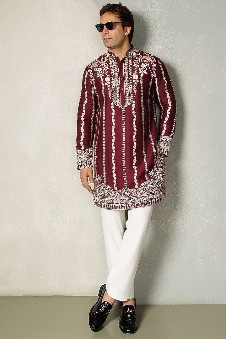 Wine Red Dola Silk Thread Embroidered Kurta Set by Line by Shamim Khan at Pernia's Pop Up Shop
