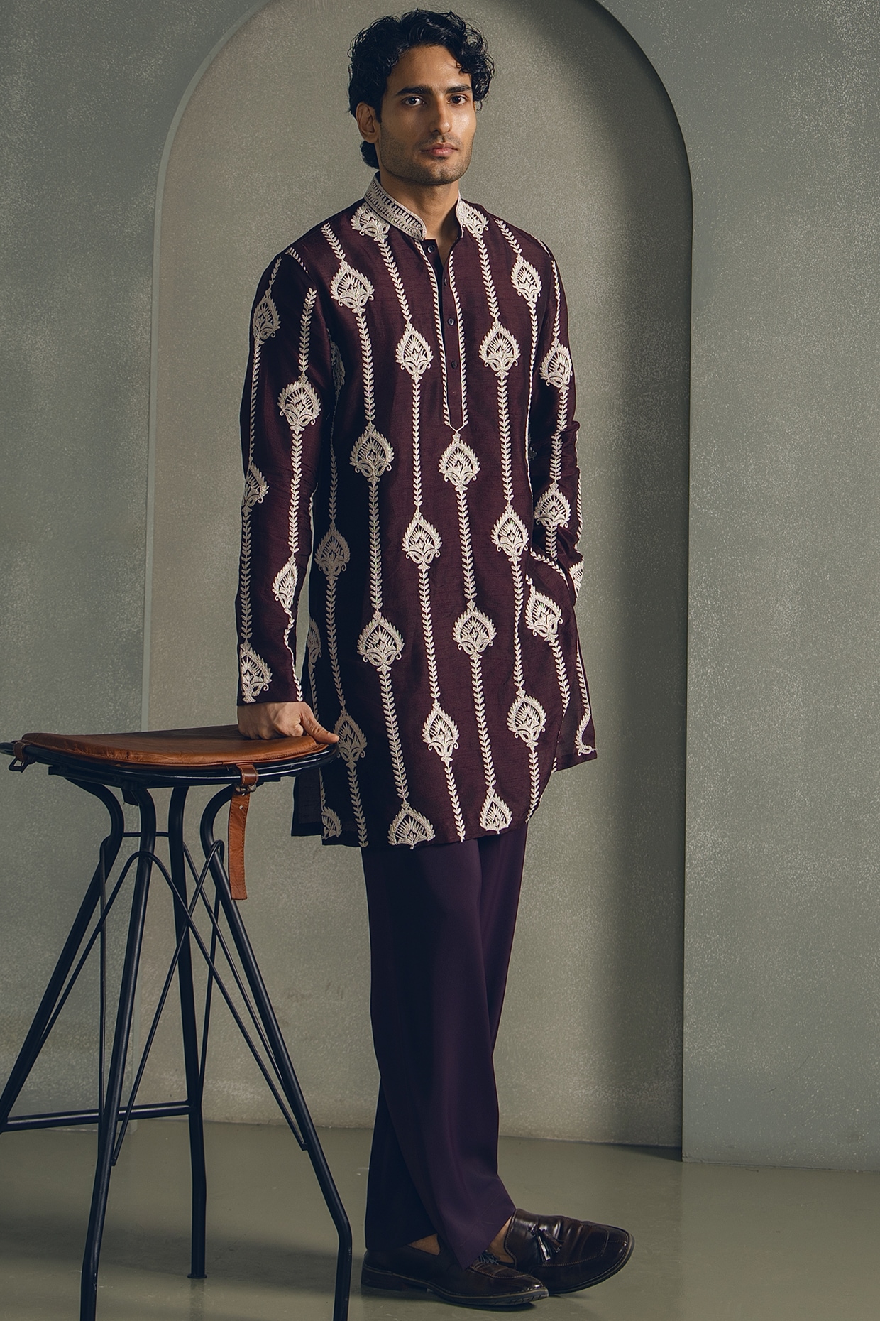 Line by Shamim Khan Maroon Dola Silk Dori Thread Embroidered Kurta Set