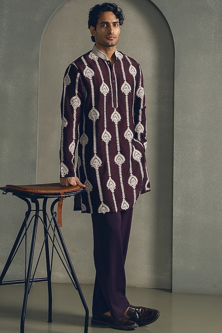 Maroon Dola Silk Dori Thread Embroidered Kurta Set by Line by Shamim Khan at Pernia's Pop Up Shop