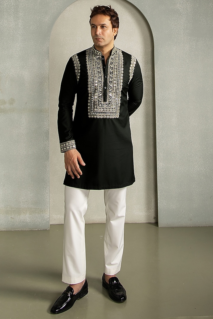 Dark Olive Green Cotton Viscose Mirror Embroidered Kurta Set by Line by Shamim Khan at Pernia's Pop Up Shop