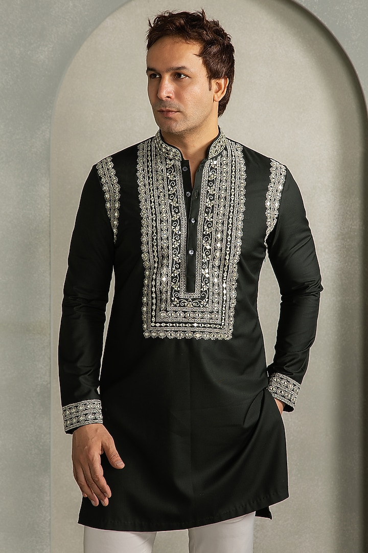Dark Olive Green Cotton Viscose Mirror Embroidered Kurta Set by Line by Shamim Khan at Pernia's Pop Up Shop