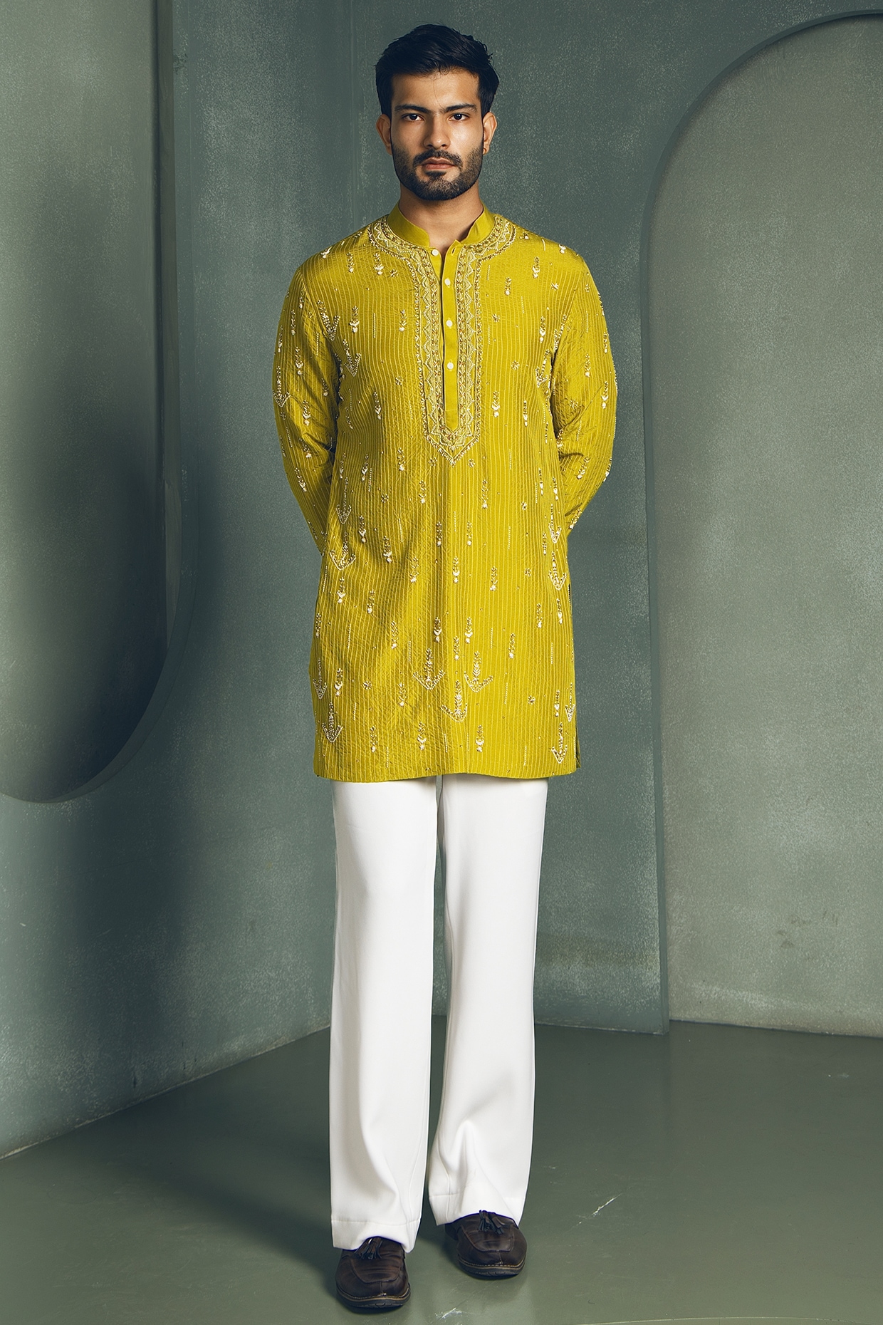 Line by Shamim Khan Mustard Yellow Dola Silk Sequins Embroidered Kurta Set