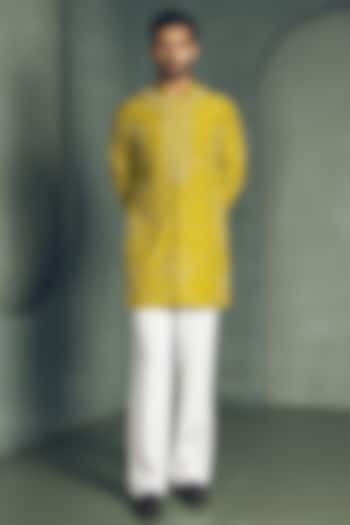 Mustard Yellow Dola Silk Sequins Embroidered Kurta Set by Line by Shamim Khan at Pernia's Pop Up Shop
