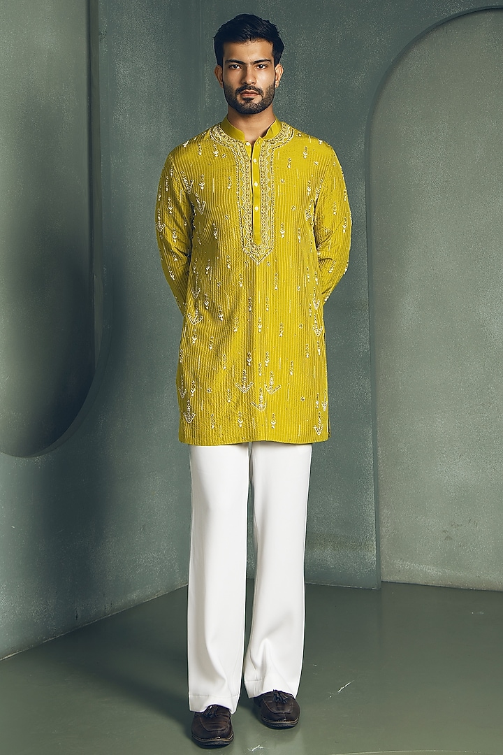 Mustard Yellow Dola Silk Sequins Embroidered Kurta Set by Line by Shamim Khan at Pernia's Pop Up Shop