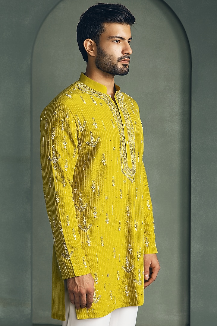 Mustard Yellow Dola Silk Sequins Embroidered Kurta Set by Line by Shamim Khan at Pernia's Pop Up Shop