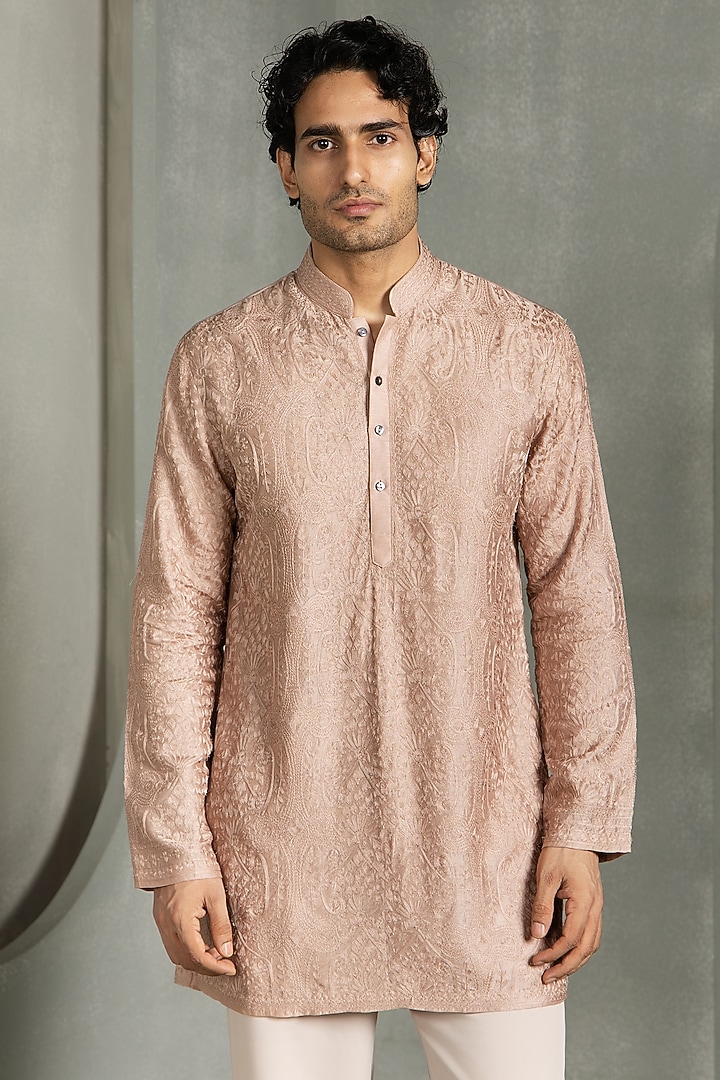 Pastel Brown Dola Silk Thread Embroidered Kurta Set by Line by Shamim Khan at Pernia's Pop Up Shop