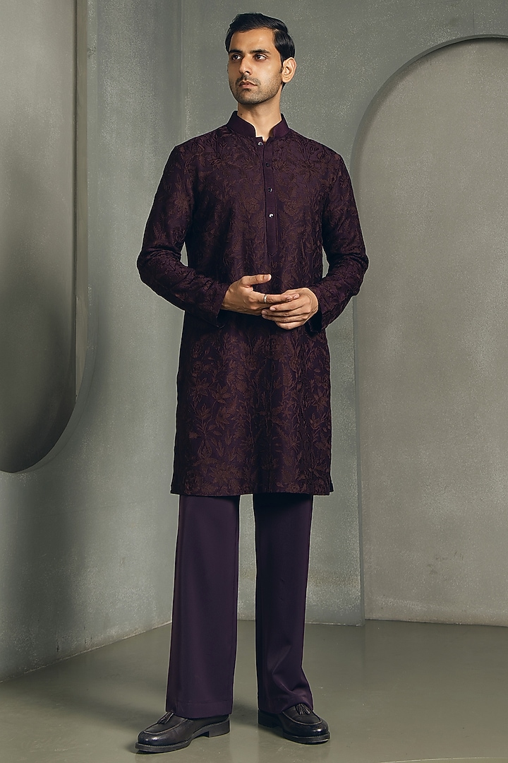 Maroon Dola Silk Thread Embroidered Kurta Set by Line by Shamim Khan at Pernia's Pop Up Shop