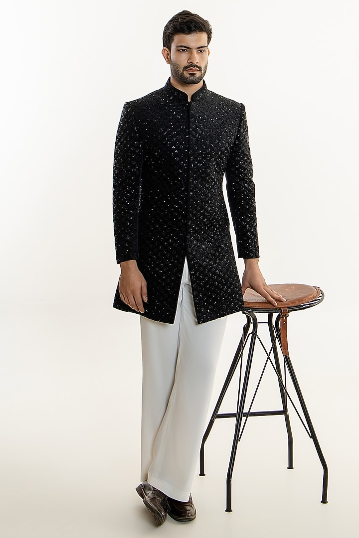 Black Velvet Cutwork Groom Indowestern Set by Line by Shamim Khan at Pernia's Pop Up Shop