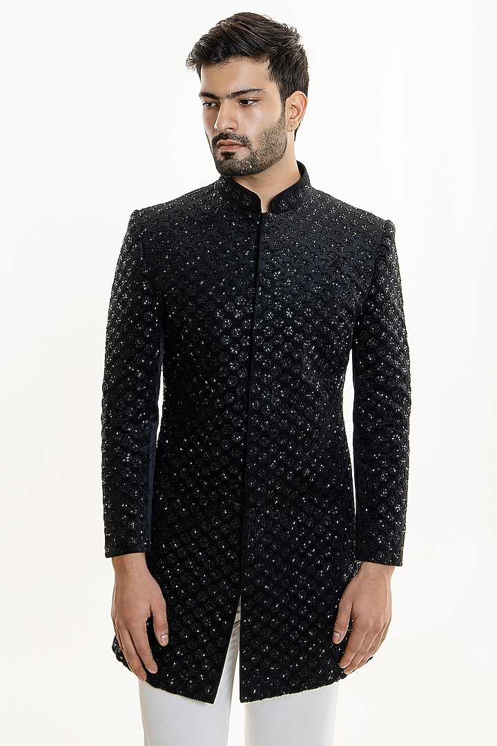 Black Velvet Cutwork Groom Indowestern Set by Line by Shamim Khan at Pernia's Pop Up Shop