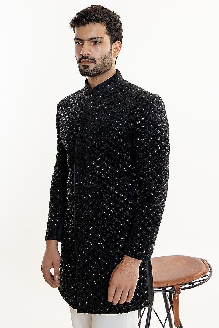 Black Velvet Cutwork Groom Indowestern Set by Line by Shamim Khan at Pernia's Pop Up Shop