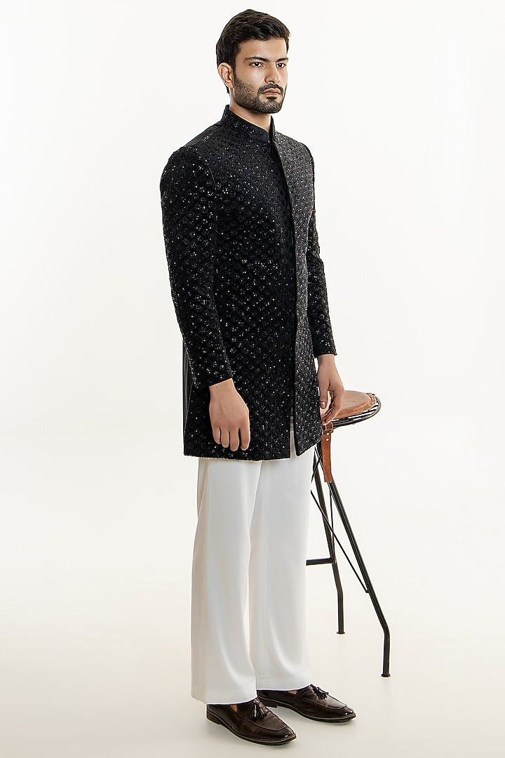 Black Velvet Cutwork Groom Indowestern Set by Line by Shamim Khan at Pernia's Pop Up Shop