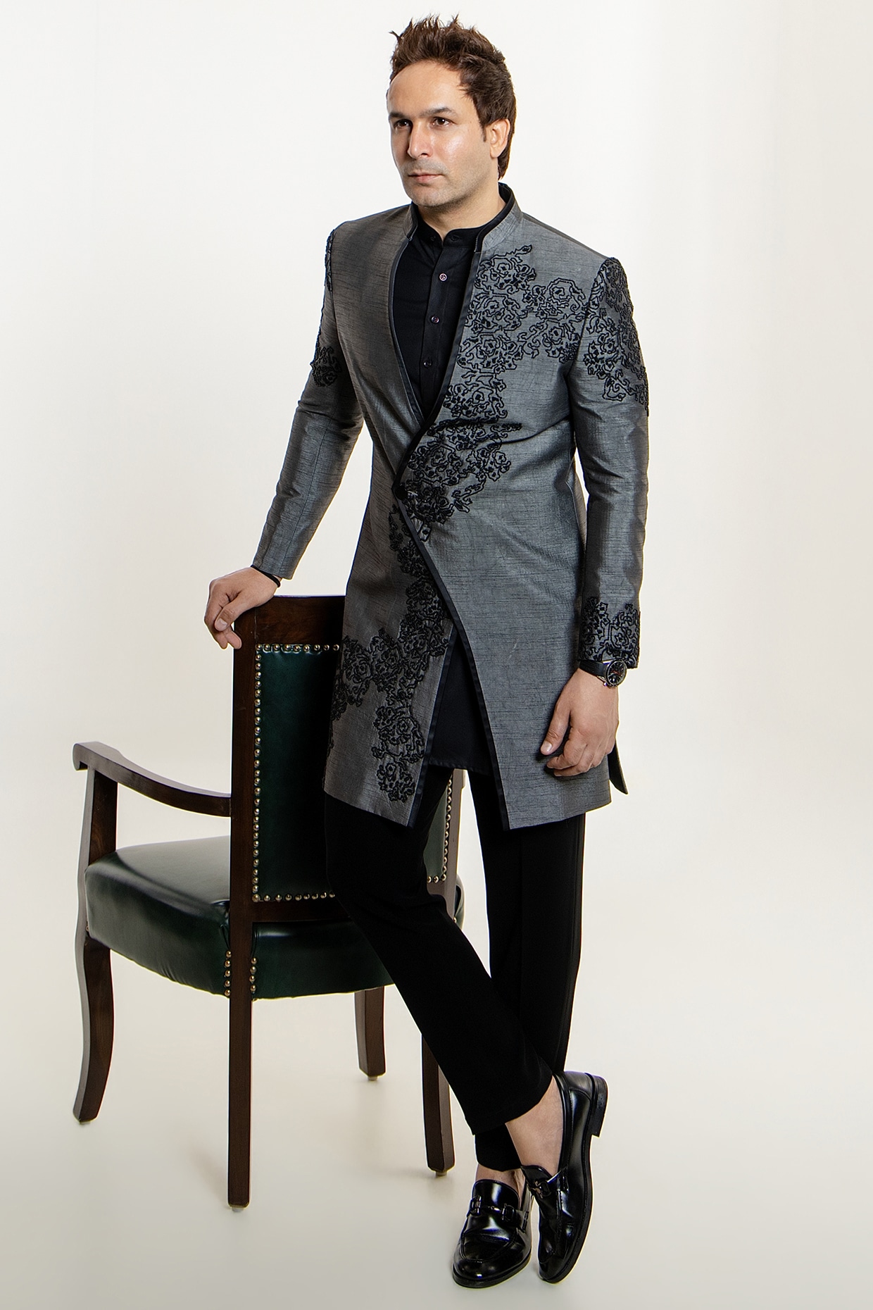 Line by Shamim Khan Grey Silk Floral Beadwork Indowestern Set