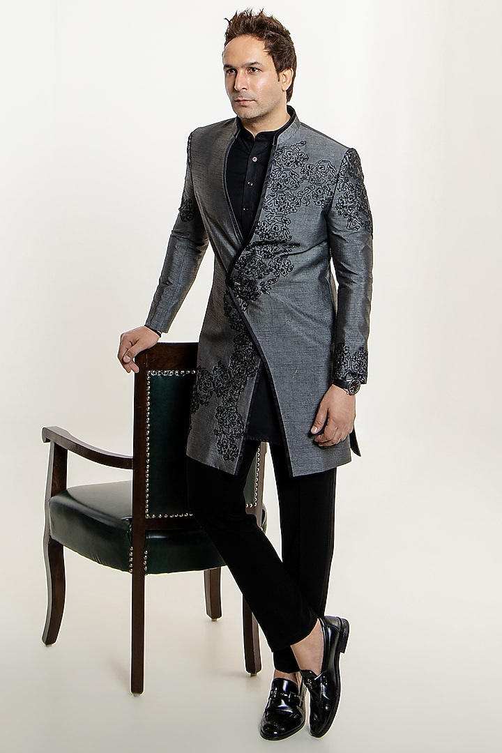 Grey Silk Floral Beadwork Wedding Indowestern Set by Line by Shamim Khan at Pernia's Pop Up Shop