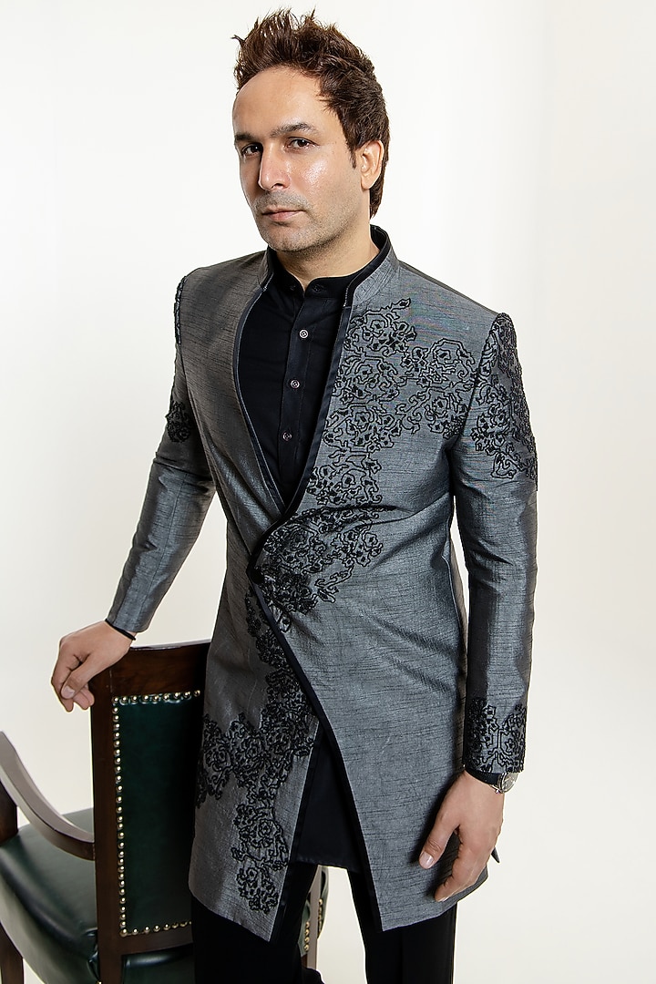 Grey Silk Floral Beadwork Wedding Indowestern Set by Line by Shamim Khan at Pernia's Pop Up Shop