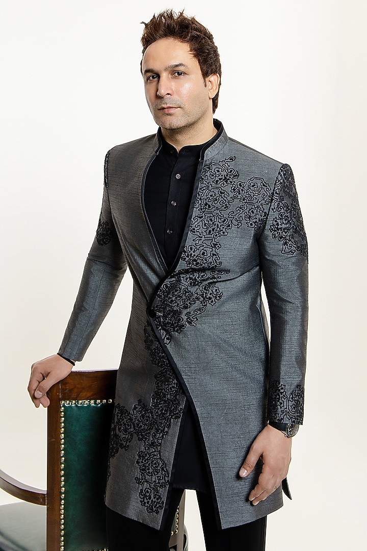 Grey Silk Floral Beadwork Wedding Indowestern Set by Line by Shamim Khan at Pernia's Pop Up Shop