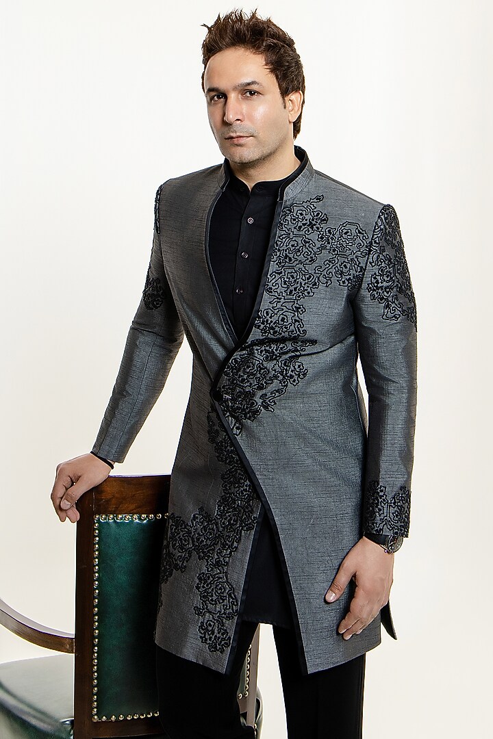 Grey Silk Floral Beadwork Wedding Indowestern Set by Line by Shamim Khan at Pernia's Pop Up Shop