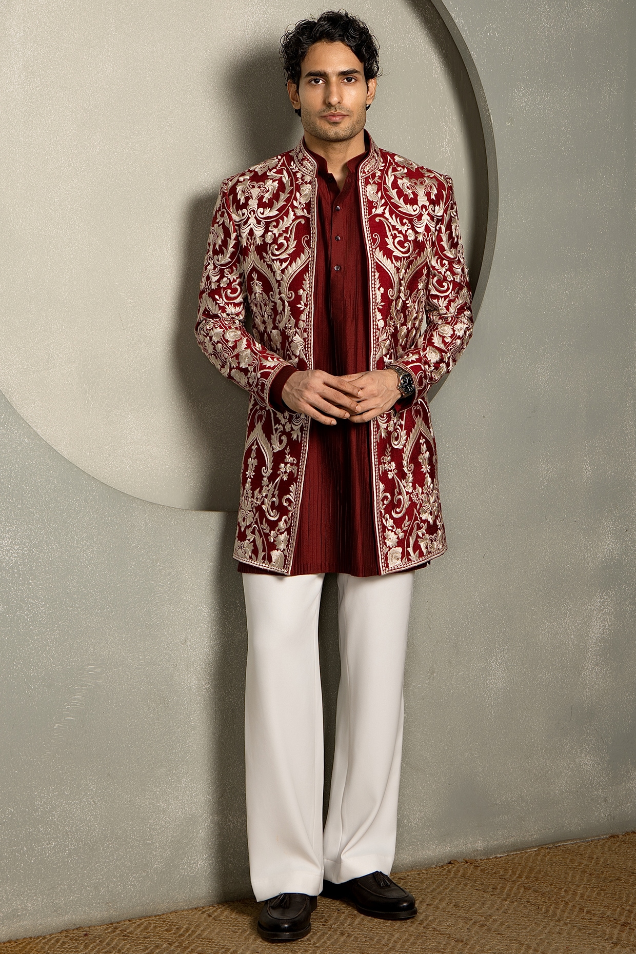 Line by Shamim Khan Dark Red Raw Silk Silk Thread Embroidered Indowestern Set