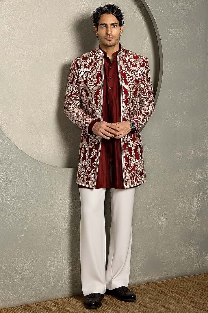 Dark Red Raw Silk Silk Thread Embroidered Groom Indowestern Set by Line by Shamim Khan at Pernia's Pop Up Shop