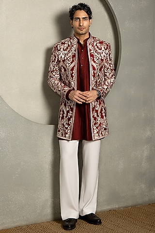 Dark Red Raw Silk Silk Thread Embroidered Indowestern Set by Line by Shamim Khan