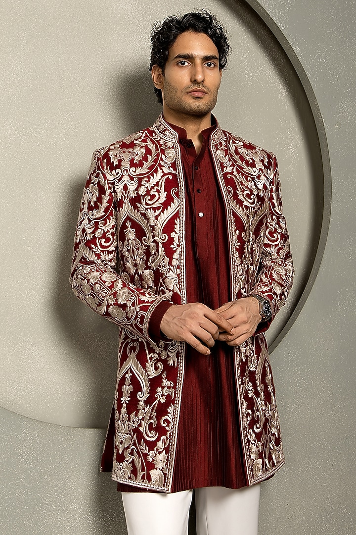 Dark Red Raw Silk Silk Thread Embroidered Groom Indowestern Set by Line by Shamim Khan at Pernia's Pop Up Shop