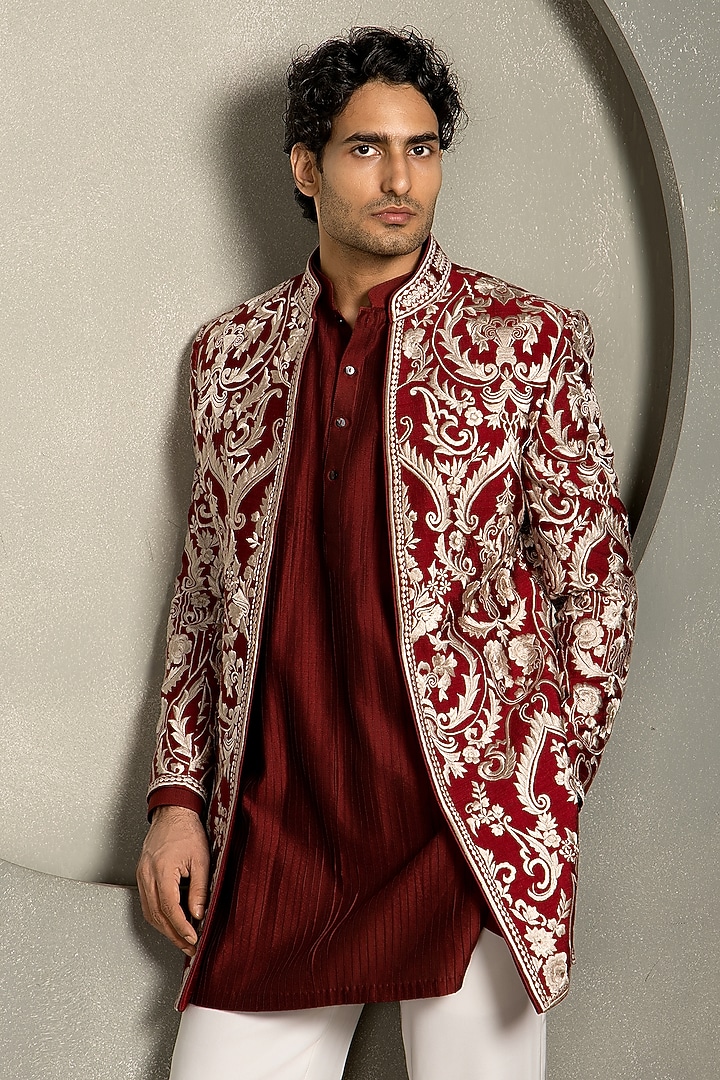 Dark Red Raw Silk Silk Thread Embroidered Groom Indowestern Set by Line by Shamim Khan at Pernia's Pop Up Shop