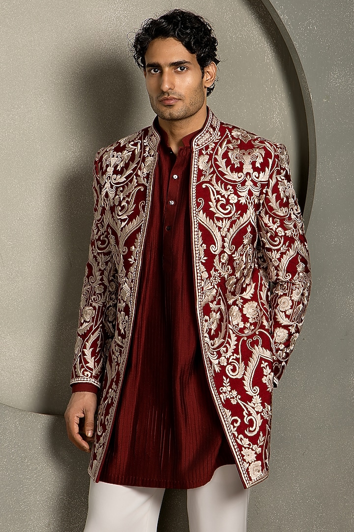 Dark Red Raw Silk Silk Thread Embroidered Groom Indowestern Set by Line by Shamim Khan at Pernia's Pop Up Shop
